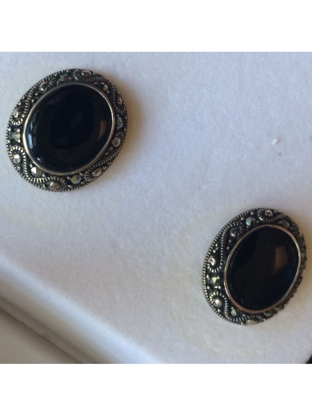 Sterling silver and Marcasite black onyx oval earrings classic dressy evening